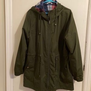 Olive green hooded raincoat with flannel lining